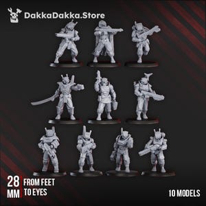 Peut inclure: Dix figurines miniatures de soldats de science-fiction gris, chacune dans une pose dynamique et tenant une arme. Les figurines sont sur des socles noirs. Le texte de l'image indique "28 mm du pied aux yeux" et "10 modèles". Le logo du magasin est visible.