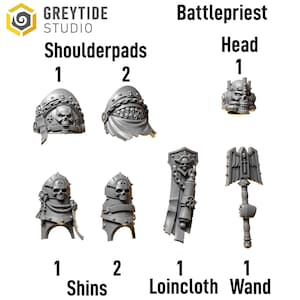 May include: A collection of unpainted miniature Warhammer 40,000 Battlepriest parts, including shoulder pads, a head, shins, a loincloth, and a wand. The parts are gray and feature skull and chain details. The text "GREYTIDE STUDIO" is visible.