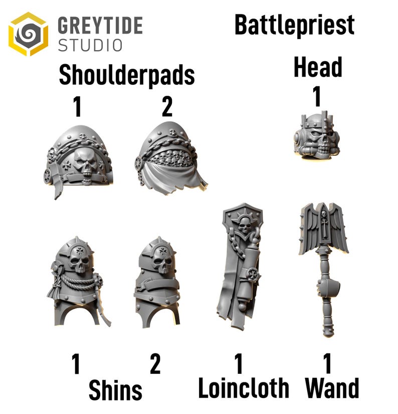 May include: A collection of unpainted miniature Warhammer 40,000 Battlepriest parts, including shoulder pads, a head, shins, a loincloth, and a wand. The parts are gray and feature skull and chain details. The text "GREYTIDE STUDIO" is visible.