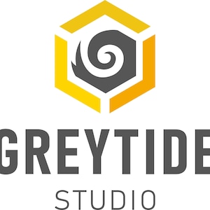 May include: A logo featuring a yellow and gray hexagon with a spiral design inside. Below the logo, the text "GREYTIDE STUDIO" is displayed in a dark gray, sans-serif font.