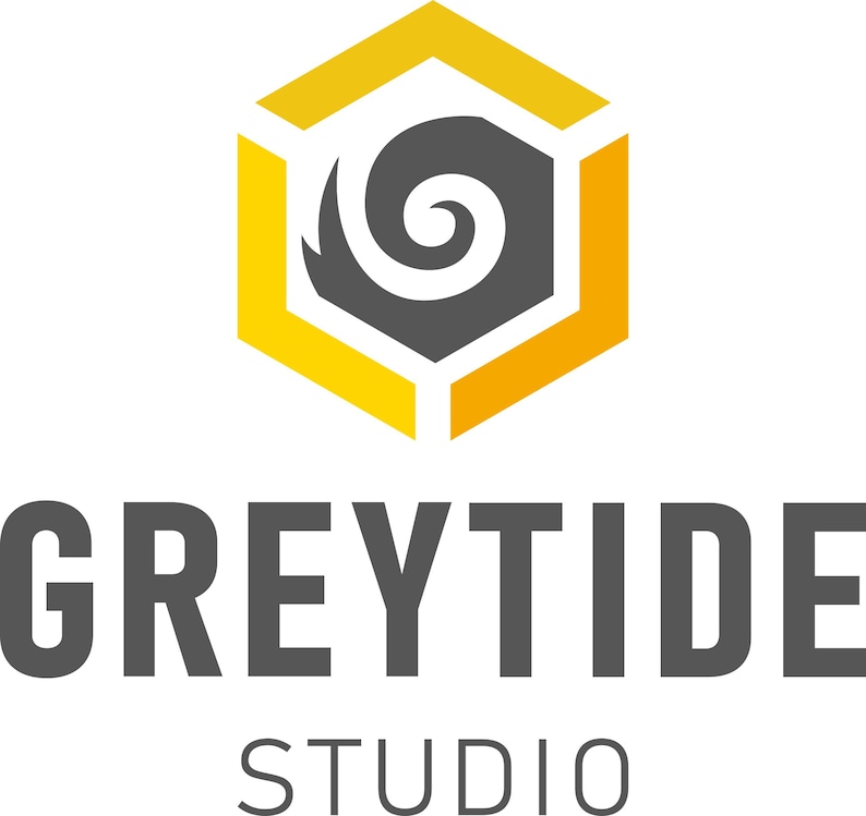 May include: A logo featuring a yellow and gray hexagon with a spiral design inside. Below the logo, the text "GREYTIDE STUDIO" is displayed in a dark gray, sans-serif font.