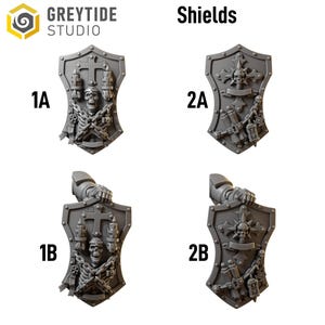 May include: Four gray shields with detailed designs. Two shields feature a skull, cross, and candles, while the other two showcase a skull, starburst, and various tools. The shields are labeled 1A, 1B, 2A, and 2B, and are likely for tabletop gaming.