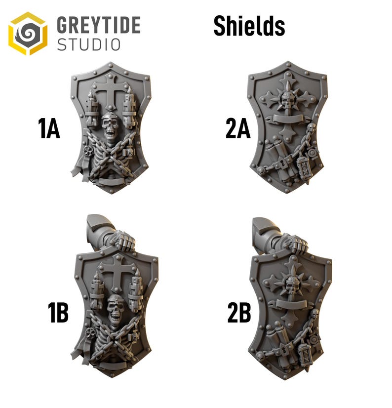 May include: Four gray shields with detailed designs. Two shields feature a skull, cross, and candles, while the other two showcase a skull, starburst, and various tools. The shields are labeled 1A, 1B, 2A, and 2B, and are likely for tabletop gaming.