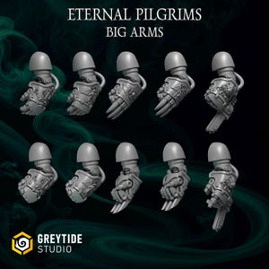 May include: A collection of ten gray miniature arms, each with a helmet-like shoulder piece and detailed mechanical hand designs. The text "ETERNAL PILGRIMS BIG ARMS" is at the top. The Greytide Studio logo is at the bottom.