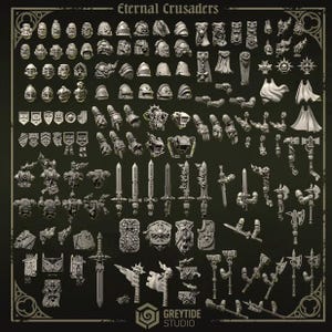 Puede incluir: Una colección de figuras y accesorios en miniatura, que incluyen cascos, espadas, escudos y piezas de armadura. Las piezas son de color neutro y están dispuestas sobre un fondo oscuro. El texto "Eternal Crusaders" está en la parte superior.