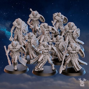 Peut inclure: Un ensemble de figurines miniatures fantastiques, chacune vêtue d'une armure et maniant des armes telles que des épées, des lances et des boucliers. Les figurines sont dans diverses poses d'action, avec des motifs et des textures détaillés. La palette de couleurs est grise, avec une base sombre.