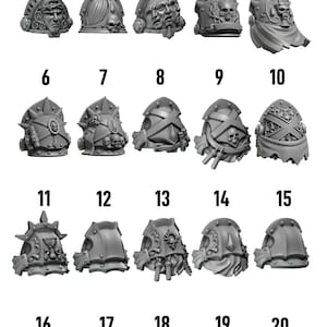 May include: A collection of twenty detailed shoulderpad designs, each numbered, with various styles including skull motifs, ornate carvings, and helmet-like shapes. The image includes the "GREYTIDE STUDIO" logo and the word "Shoulderpads".