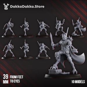 May include: A collection of ten gray miniature sci-fi figures, each with detailed armor and weapons. The figures range from 39 mm in height. The DakkaDakka.Store logo is in the top left corner.