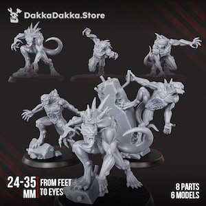 Op de afbeelding: Zes grijze monster miniaturen in actieposities. De figuren zijn 24-35 mm hoog, gemeten van voet tot oog. De afbeelding bevat de tekst "DakkaDakka.Store", "8 onderdelen" en "6 modellen".