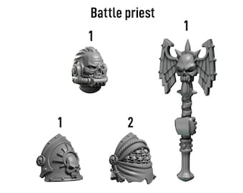 May include: A collection of gray plastic miniature parts for a Battle Priest, including a skull-faced helmet, a winged skull axe, and two other helmet designs. The image includes the Greytide Studio logo and the text "Battle priest".
