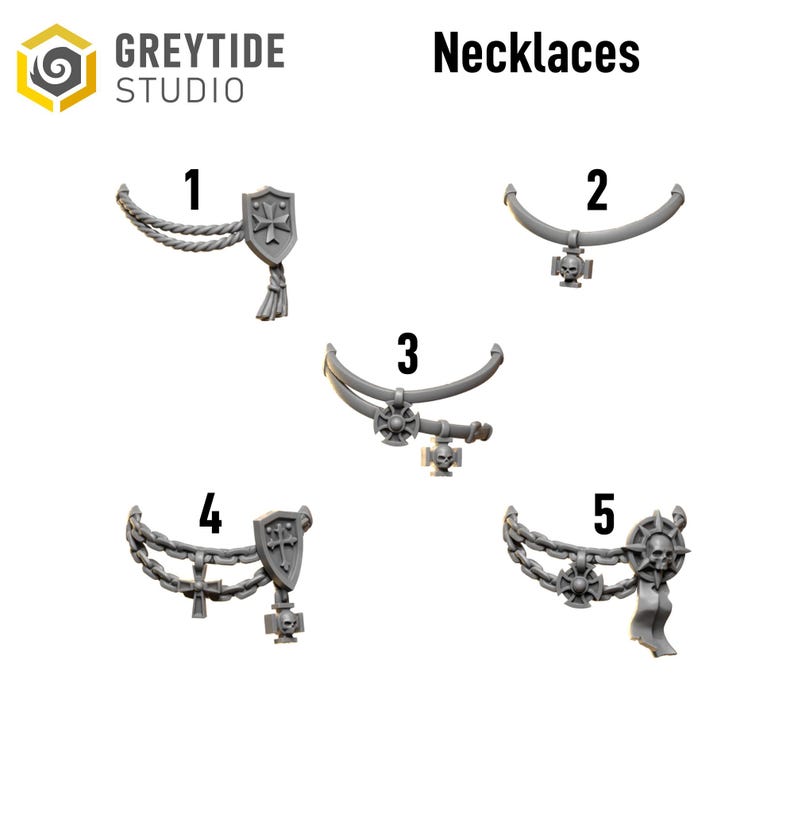 May include: An image showcases five gray necklaces with various pendant designs. The necklaces are numbered 1 through 5. The pendants include shields, crosses, and skulls. The text "Necklaces" is displayed at the top of the image.