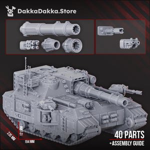 Könnte beinhalten: Ein grauer Modellpanzer-Bausatz mit 40 Teilen und einer Montageanleitung. Das Set enthält eine große Hauptkanone, sekundäre Waffenaufsätze und ein detailliertes Fahrgestell mit Ketten. Text auf dem Bild: DakkaDakka.Store, 40 PARTS, 235 MM, 121 MM, 194 MM.