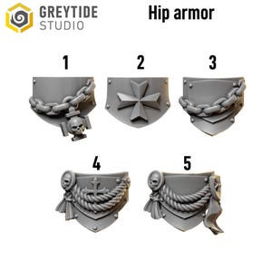May include: A collection of five gray hip armor designs. The designs include chain, cross, and rope details, with some featuring skull accents. The text "Hip armor" is displayed above the designs, and the Greytide Studio logo is in the upper left corner.