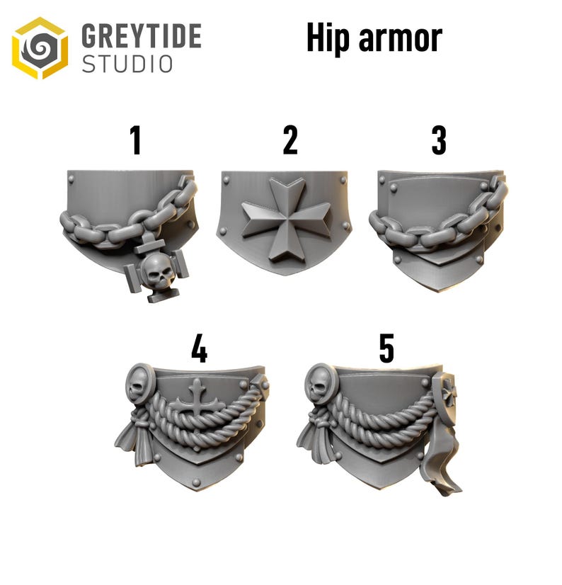 May include: A collection of five gray hip armor designs. The designs include chain, cross, and rope details, with some featuring skull accents. The text "Hip armor" is displayed above the designs, and the Greytide Studio logo is in the upper left corner.