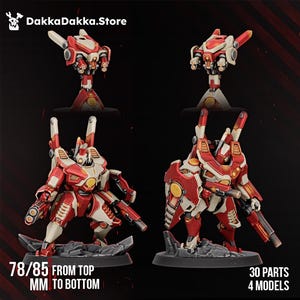 Peut inclure: Quatre figurines de robots miniatures en armure rouge et crème avec des accents orange. Deux sont montées sur des socles et deux sont debout sur des bases rocheuses. Le texte indique DakkaDakka.Store, 78/85 MM FROM TOP TO BOTTOM, 30 PARTS, 4 MODELS.