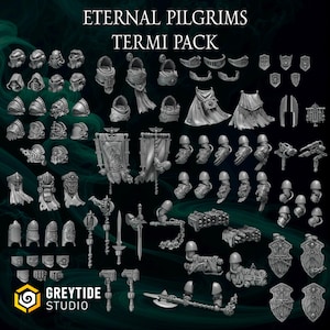 May include: A collection of miniature figurines and accessories, including helmets, armor pieces, banners, weapons, and shields. The text "ETERNAL PILGRIMS TERMI PACK" is displayed at the top. The GreyTide Studio logo is visible at the bottom.