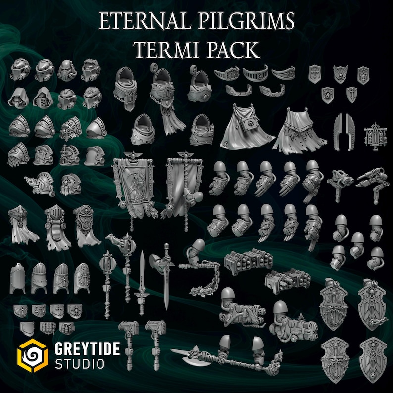 May include: A collection of miniature figurines and accessories, including helmets, armor pieces, banners, weapons, and shields. The text "ETERNAL PILGRIMS TERMI PACK" is displayed at the top. The GreyTide Studio logo is visible at the bottom.