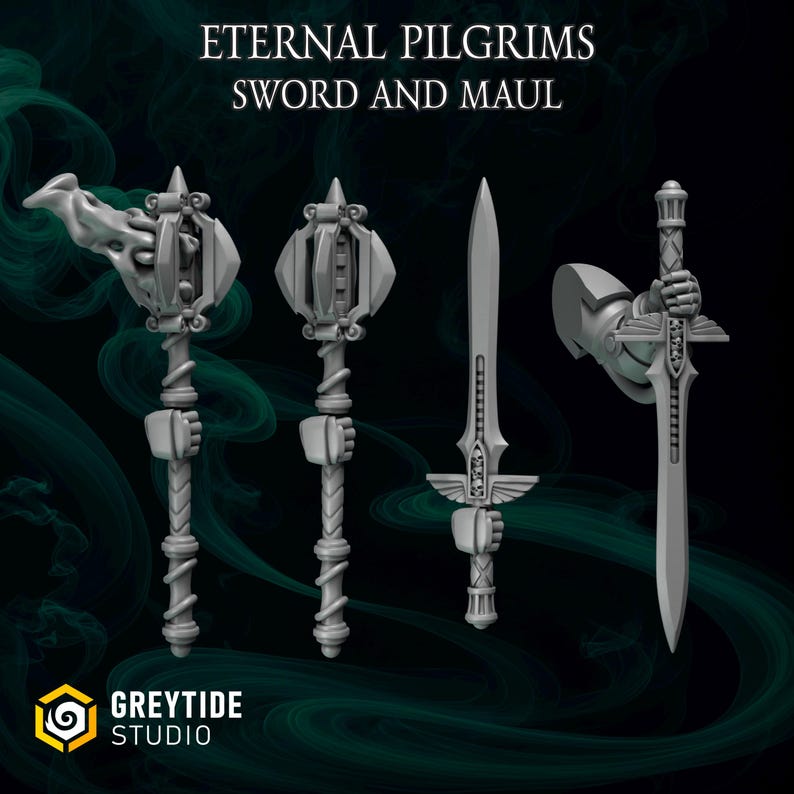 May include: A collection of gray fantasy weapons, including two mauls and two swords. The mauls have ornate heads and twisted handles. The swords feature detailed hilts and blades. The image includes the text "Eternal Pilgrims Sword and Maul" and the Greytide Studio logo.