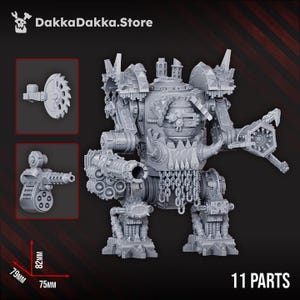 May include: A grey resin miniature robot figure with a circular body, spiked armour, and hanging chains. The set includes a circular saw attachment and a multi-barrelled gun. Text reads DakkaDakka.Store and 11 PARTS. Dimensions are 82mm by 79mm by 75mm.