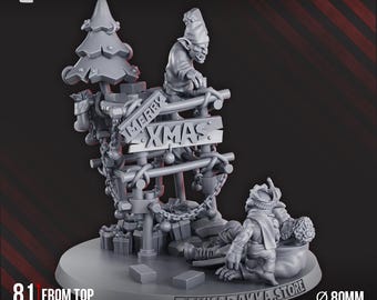 May include: A gray Christmas-themed figurine featuring a sign that reads "MERRY XMAS", a Christmas tree, and two goblin figures. The base is 80mm in diameter and 81mm tall. The figurine has 25 parts.
