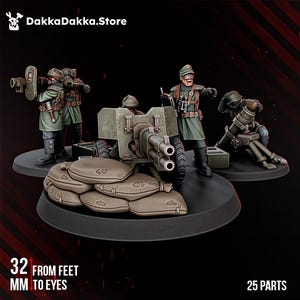 Peut inclure: Un ensemble de figurines de soldats en uniformes vert olive, comprenant une équipe de mitrailleuses lourdes avec sacs de sable, un mortier et deux soldats avec armes antichars. Le texte indique DakkaDakka.Store et 32 MM FROM FEET TO EYES.