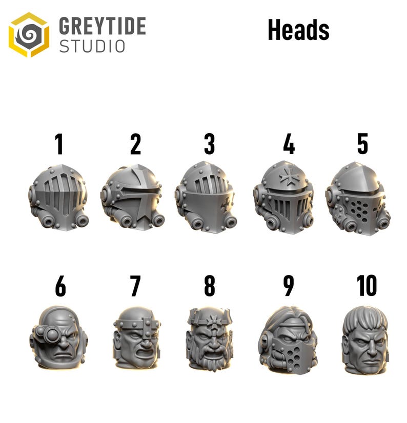 May include: A collection of ten gray miniature heads, each with a unique design. The heads are numbered 1 through 10. The text "GREYTIDE STUDIO" and "Heads" are visible in the image.