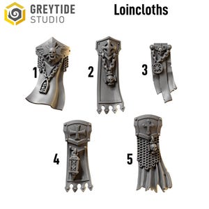 May include: A collection of five gray loincloths, each with unique designs. The loincloths feature crosses, skulls, chains, and decorative elements. The text "GREYTIDE STUDIO" and "Loincloths" are visible.
