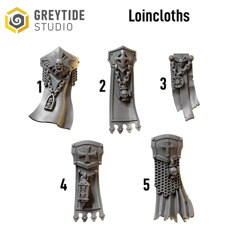 May include: A collection of five gray loincloths, each with unique designs. The loincloths feature crosses, skulls, chains, and decorative elements. The text "GREYTIDE STUDIO" and "Loincloths" are visible.