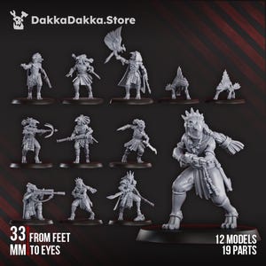 May include: A collection of 12 gray miniature figures, each depicting a warrior in various action poses. The figures are on individual bases and are part of a set with 19 parts. The text on the image reads "33 MM FROM FEET TO EYES". The store logo "DakkaDakka.Store" is at the top.