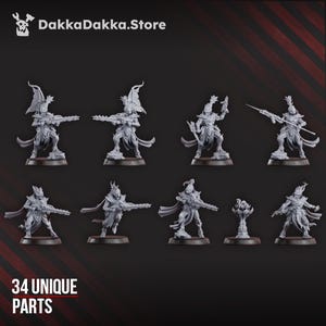 May include: A collection of gray miniature figurines, each depicting a warrior in dynamic poses. The figures are on small, round bases. The text "34 UNIQUE PARTS" is at the bottom. The DakkaDakka.Store logo is at the top.