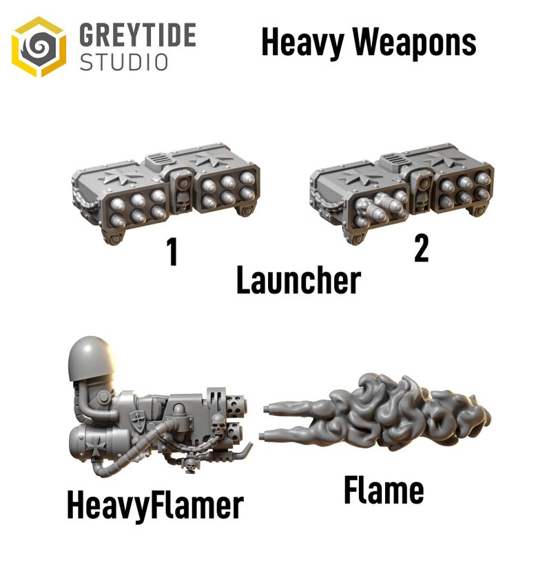 May include: Image of GreyTide Studio's Heavy Weapons, including two Launcher models and a HeavyFlamer with a Flame effect. The launchers are rectangular with multiple missile barrels. The HeavyFlamer has a detailed design with a skull emblem.