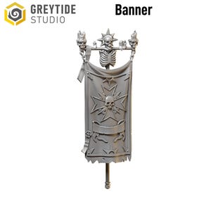 May include: A gray banner with a skull and crossbones design, featuring a skeleton at the top and a decorative emblem on the banner. The banner has the word "Banner" printed on it.