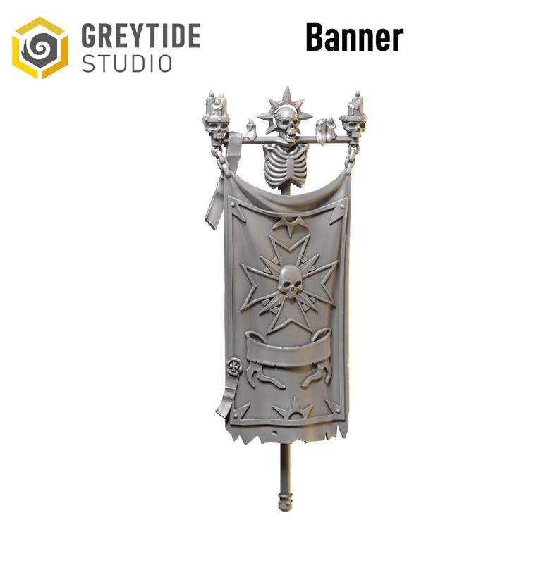 May include: A gray banner with a skull and crossbones design, featuring a skeleton at the top and a decorative emblem on the banner. The banner has the word "Banner" printed on it.