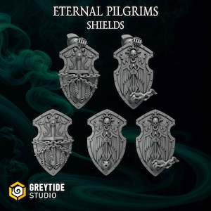 May include: Five gray shields with intricate designs, including skulls, chains, and feathers. The shields are labeled "ETERNAL PILGRIMS SHIELDS" and are from "GREYTIDE STUDIO". The shields have a detailed, gothic aesthetic.