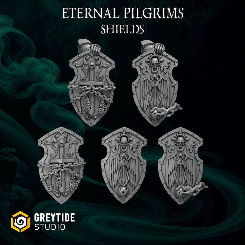 May include: Five gray shields with intricate designs, including skulls, chains, and feathers. The shields are labeled "ETERNAL PILGRIMS SHIELDS" and are from "GREYTIDE STUDIO". The shields have a detailed, gothic aesthetic.