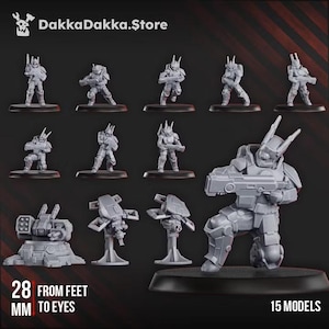 Può includere: Una collezione di 15 miniature grigie raffiguranti soldati corazzati in varie pose, alcuni con fucili, insieme a modelli di torrette stazionarie. Il testo DakkaDakka.Store e 28 MM FROM FEET TO EYES è visibile sullo sfondo scuro.