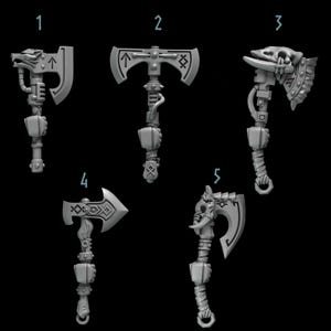 May include: Five different miniature axe designs, each with a unique head and handle. The axes are made of gray plastic and have intricate details.