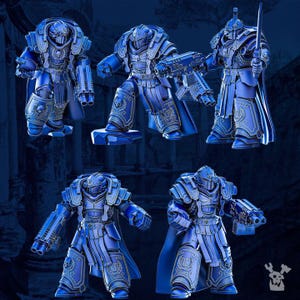 May include: Five blue miniature figurines of armored warriors. Each figure is intricately detailed with ornate armor, helmets, and weapons. Some figures are posed with weapons, while others stand at attention. The figures are set against a dark blue background.