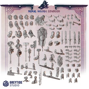 May include: A collection of unpainted miniature figurines and accessories for tabletop gaming. The set includes helmets, weapons, shields, and character components. The text "Primal Hounds Expansion" is visible at the top. The GreyTide Studio logo is at the bottom.