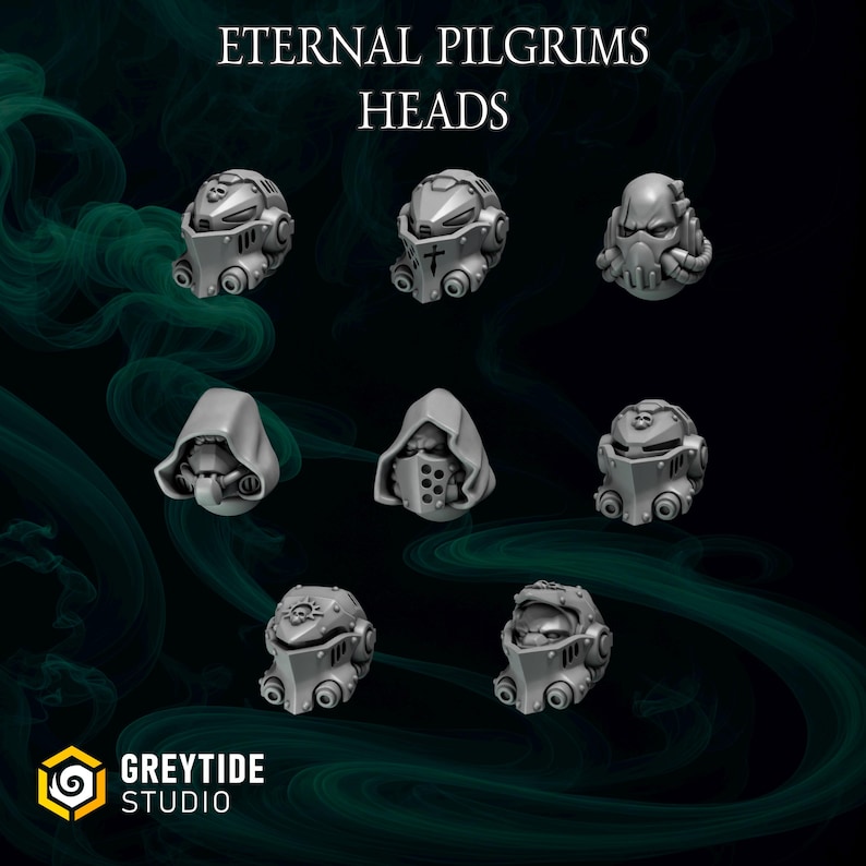 May include: A collection of eight gray, futuristic helmet designs, each with unique features like visors, hoods, and mechanical details. The text "ETERNAL PILGRIMS HEADS" is at the top. The logo for GreyTide Studio is at the bottom.