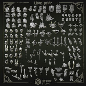 Op de afbeelding: Een verzameling miniatuurbeeldjes en accessoires, waaronder helmen, capes, schilden, wapens en mechanische componenten. De items zijn in een neutrale grijze kleur, met ingewikkelde details. De tekst "Lion's pride" staat bovenaan en het "GREYTIDE STUDIO" logo onderaan.