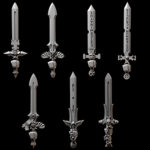 Peut inclure: Plusieurs épées fantastiques grises avec des poignées et des lames ornées. Certaines épées présentent des motifs de crânes et de croix, tandis que d'autres ont du texte gravé sur la lame. Les épées sont présentées sur fond noir.