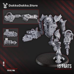 May include: A gray, 3D-printed model of a futuristic robot with multiple weapon attachments. The model is shown in parts, with the main body and various armaments displayed separately. The base measures 50 x 40.5 mm, and the height is 69 mm. The text "15 PARTS" is visible.