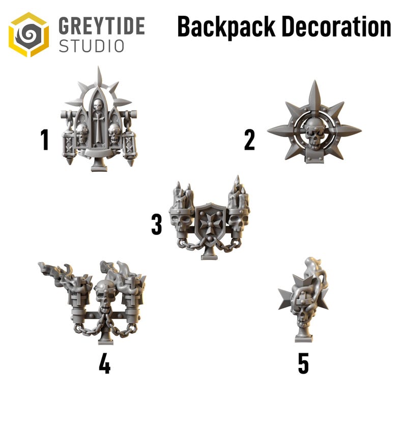 May include: A collection of five gray backpack decorations. Each decoration features gothic and skull motifs. The decorations include crosses, candles, and starburst designs. The text "Backpack Decoration" is visible.