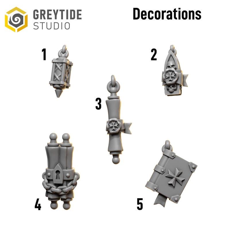 May include: A collection of five gray decorative pendants. The pendants include a lantern, a gothic-style emblem with skulls, a scroll, a double scroll with a chain, and a book with a cross. The word "Decorations" is printed above the pendants.