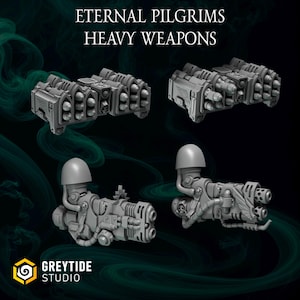 May include: Four gray heavy weapons are displayed against a dark background. The text "ETERNAL PILGRIMS HEAVY WEAPONS" is at the top. The logo for GreyTide Studio is at the bottom. The weapons have a futuristic design.