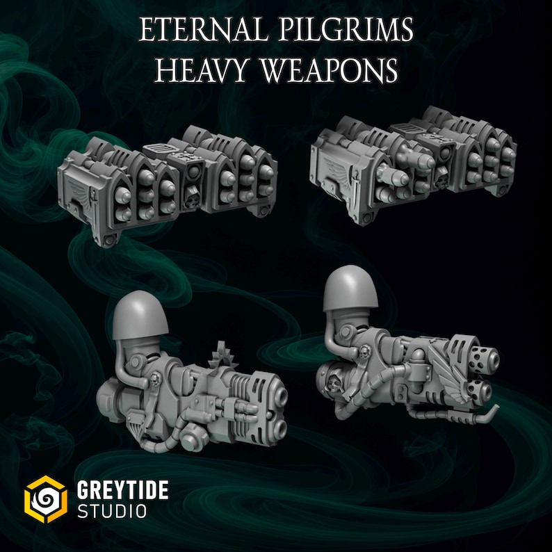 May include: Four gray heavy weapons are displayed against a dark background. The text "ETERNAL PILGRIMS HEAVY WEAPONS" is at the top. The logo for GreyTide Studio is at the bottom. The weapons have a futuristic design.