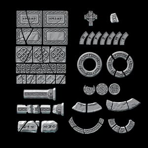 Peut inclure: Ensemble de pièces en pierre grise avec des motifs de nœuds celtiques et de runes. L'ensemble comprend des éléments rectangulaires, carrés et circulaires, ainsi qu'une croix et d'autres composants architecturaux. Les pièces sont disposées sur fond noir.