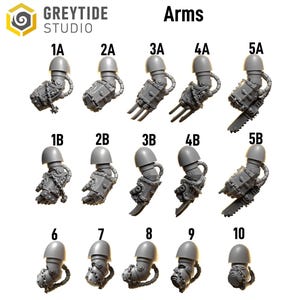 May include: A collection of grey plastic miniature arms, each with a shoulder, elbow, and hand. The arms feature various weapon attachments, including claws, blades, and a chainsaw. The image includes the text "Arms" and "GREYTIDE STUDIO".
