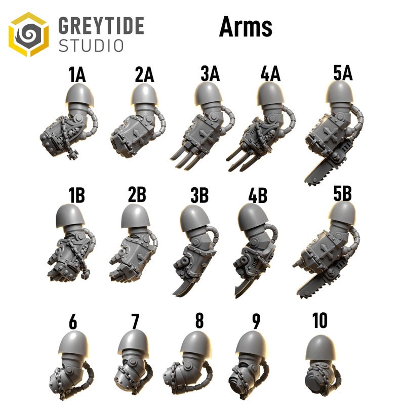 May include: A collection of grey plastic miniature arms, each with a shoulder, elbow, and hand. The arms feature various weapon attachments, including claws, blades, and a chainsaw. The image includes the text "Arms" and "GREYTIDE STUDIO".